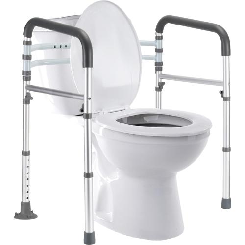 Silver Toilet Safety Rails, Adjustable Toilet Frame for Elderly, Seniors, Handicap & Disabled, Foldable Handicap Toilet Handles Fit Any Toilets (300 LB)