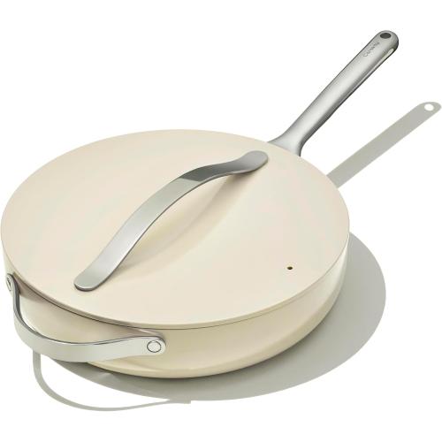 Caraway Nonstick Ceramic Sauté Pan with Lid (4.5 qt, 12) - Non Toxic, PTFE & PFOA Free - Oven Safe & Compatible with All Stovetops (Gas, Electric & Induction) - Cream