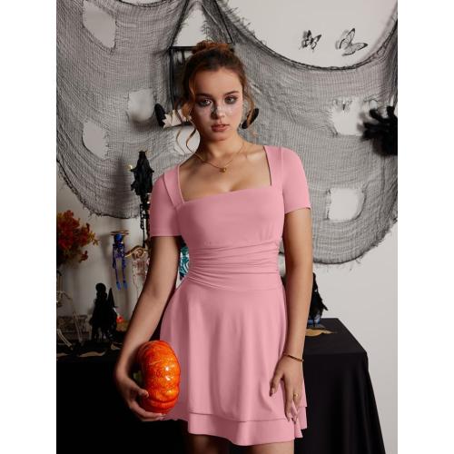 XXTAXN Women's Sexy Square Neck Short Sleeve Ruched Tiered Ruffle Hem Flowy Club Party Mini Dress large