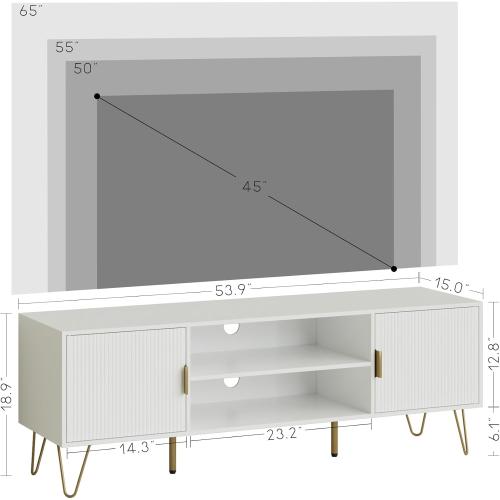 Apetaccat TV Stand for 55-65 Inch TV, Entertainment Center with Soft Hinge Door,TV Console Table with 2 Cabinets with Gold Handle and Feet,for Living Room, Bedroom, White