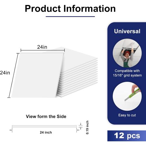 Premium PVC Smooth Drop Ceiling Tiles 2ft x 2ft - Waterproof, Fire-Rated, Washable, Drop in Installation - No Rot, No Sag, 12-Pack Cover 48 Sq. Ft, White
