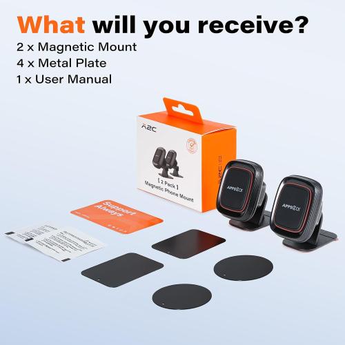 [2 Pack] Magnetic Phone Holder for Car, APPS2Car Dashboard Magnetic Car Phone Holder Mount with Strong VHB Adhesive Mounting, Requires Metal Plate for Use, Compatible with Most Phones(Not for Magsafe)