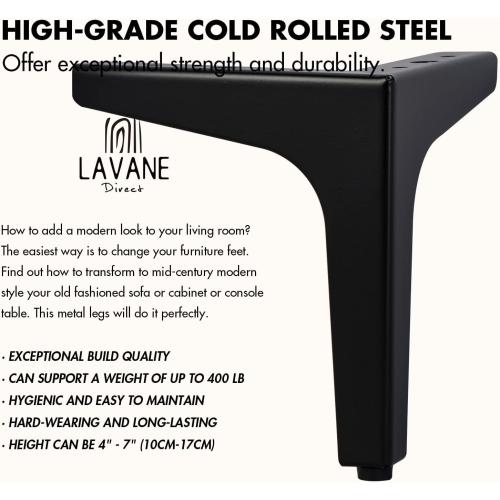 La Vane 7 Inch Metal Furniture Legs, Set of 4 - Modern Diamond Triangle Black DIY Replacement Feet for Cabinet, Sofa, Table, Ottoman Makeover