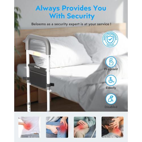 White and Grey Bed Rails Elderly Adults Safety: Side Assist Grab Bar Handrails for Seniors with Motion Sensor LED Light Pouch - Adjustable Bed Cane Portable Handle Bedside Railing - Fits Twin Full Queen King Grey