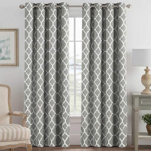 H.VERSAILTEX Blackout Curtains for Living Room/Bedroom Thermal Insulated Energy Saving Grommet Window Curtain Drapes (2 Panels) Geometric Moroccan Printed Draperies, Dove and White, 52 by 84 Inch