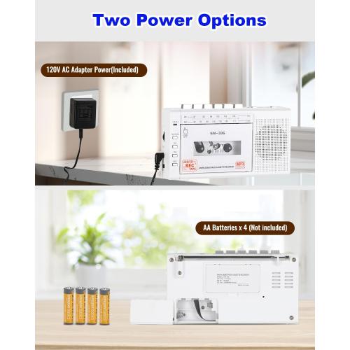 Portable Cassette Tape Player to Digital Converter via USB/SD Card, Record to Cassette/U Disk/SD Card via Mic, Power by AC or AA Battery, Portable Cassette Recorder with Speaker and Headphone Jack