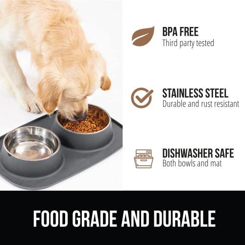 GORILLA GRIP Feeding Mat Set, Patent Pending 100% Waterproof BPA Free Silicone, Stainless Steel Cat and Dog Bowls, Slip Resistant, High Edges Catch Water Food, US Designed Pet Accessories, 2 Cup Gray