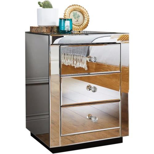 Furniturebox Italian Mirrored Nightstand - 3 Drawers Stunning Finish Bright Modern Bedside Table (the glass on the top is broken,  see the pictures)