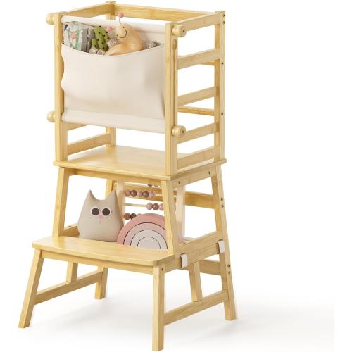 Amazer Bamboo Toddler Step Stool, Anti-Tip Toddler Kitchen Stool Helper with Push-Pull Safety Rail, Non-Slip Kids Step Stool with Safety Net, Kids Standing Tower for Bathroom Sink and Kitchen Counter