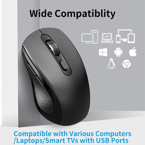 Wireless Mouse Ergonomic, Side Buttons Mouse, 2400 DPI, Silent and Anti Slip Roller Cordless Mice, 2.4Ghz with USB Receiver, 6 Buttons, Suitable for Laptop PC Chromebook and Windows 11/10/7 - Black