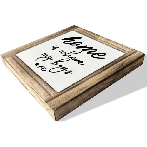 Inspirational Wood Plaques - Rustic Farmhouse Signs for Living Room & Table Art - Gift for Mom - 'Home Is Where My Boys Are'