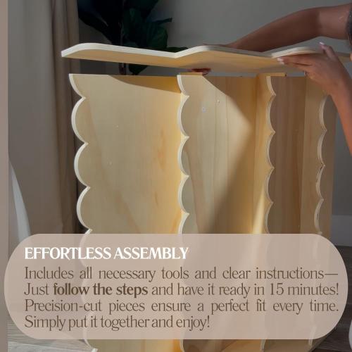 Tan CAALMA Scalloped Book Shelf – Montessori Bookshelf – Wooden 3-Tier Toddler Bookshelf, Front Facing Bookcase for Nursery, Playroom, Kids Room or Classroom