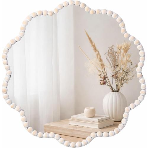 Small Boho Beaded Flower Mirror for Wall Decor, Cute Decorative Hanging Wooden Circle Nursery Mirrors for Girl Room, Bedroom, Livingroom