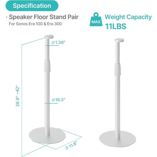 PEGZONE Speaker Stands Pair Compatible with Sonos Era 100 and Era 300, Height-Adjustable from 26.9-42, Cable Management, 11lbs Capacity, White