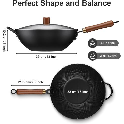 Nonstick Wok, 13-Inch Carbon Steel Wok Pan with Glass Cover, Woks & Stir-Fry Pans for Induction, Electric, Gas, Halogen, All Stoves