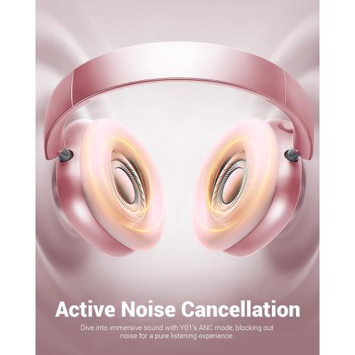 Wentronic Y01 Wireless Noise Canceling Headphones Bluetooth 5.3 Over Ear Headphones with Microphone, Hi-Res Audio, 48H Playtime, Foldable Comfortable Earpads,Compatible with iOS,Android,PC, Pink