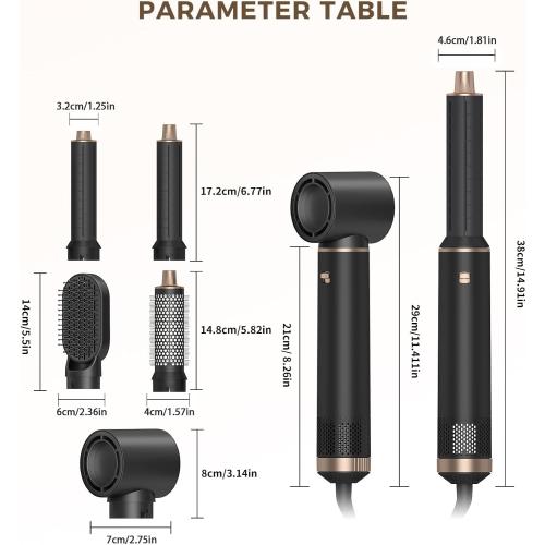 Black and Gold 5 in 1 Hair Dryer Brush Hot Air Curling Brush Negative Ion Air Styler，Multi Function Blow Dryer Brush with Curling Wand, Straightening Brush, and Volumizing Hot Air Brush for All Hair Types（Black）