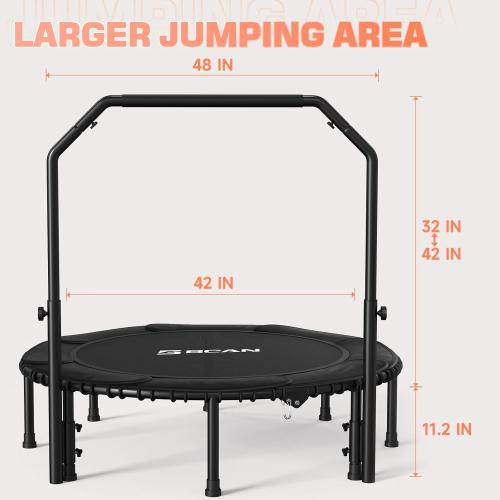BCAN Adult Mini Trampoline, 48 Fitness Trampoline with Bungees, U Shape Adjustable Foam Handle, Stable & Quiet, Indoor Outdoor Workout-Black