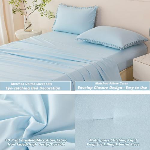PERFEMET 3 Pieces Full Bed in A Bag Light Blue Pom Pom Bedding Set for Girls Boys Soft Fluffy Boho Solid Bedding Comforter Set with Sheets(Light Blue, Full)