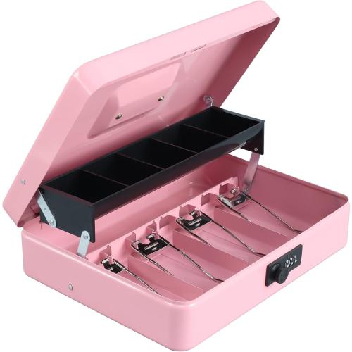 xydled Cash Box with Money Tray and Combination Lock,Tiered, Cantilever Design,4 Bill / 5 Coin Slots,11.8 x 9.5 x 3.5,Pink