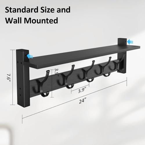 Optish Coat Rack Wall Mount with Shelf, 24 Inch Coat Hanger Walls Mounted, Hat Rack for Walls, Shelf with 5 Coat Hooks, Wall Hanger for Entryway (Black)