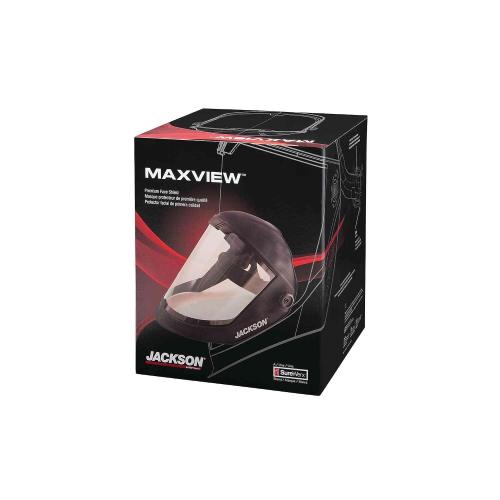 Black Jackson Safety Lightweight MAXVIEW Premium Face Shield - Mask with 370 Speed Dial Ratcheting Headgear, ANSI Z87.1, for Work, Grinding, Cutting - Anti Fog Coating - Clear Tint