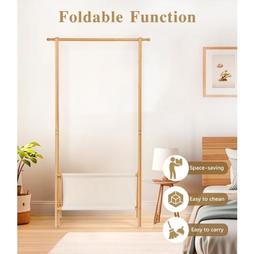 Bamboo Clothes Rack with Storage Box, Portable Extra Large Garment Rack Clothing Rack, Foldable Wardrobe For Entryway and Bed Room (M)