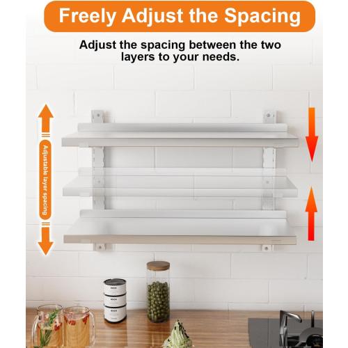 Stainless Steel Shelf, 31.5 x 12.6 Commercial Floating Wall Shelf with Brackets, 110Lbs Capacity, Adjustable Double-Layer Metal Heavy Duty Storage Rack for Restaurant, Kitchen Bar Home Hotel