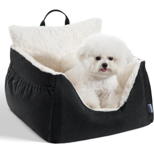 Milk and Soda Small Dog Car Seat Bed for Small Dogs Under 20 LBS with 2-Sided Pillow, Side Pockets, Built-in Leash, Machine Washable Cover (Black, Small)