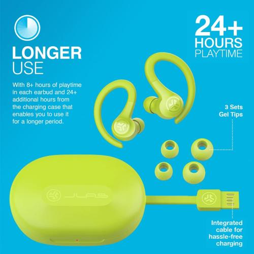 JLab Go Air Sport True Wireless Earbuds, Yellow, Featuring C3 Clear Calling, Secure Earhook Sport Design, 35  Hour Bluetooth Playtime, and 3 EQ Sound Settings