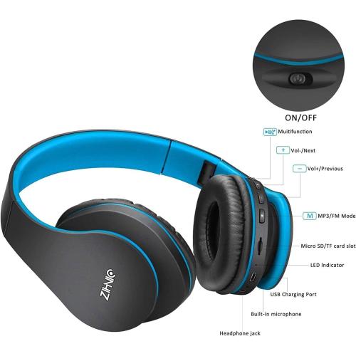 ZIHNIC Bluetooth Headphones Over-Ear, Foldable Wireless and Wired Stereo Headset Micro SD/TF, FM for Cell Phone,PC,Soft Earmuffs &Light Weight for Prolonged Wearing (Black/Blue)