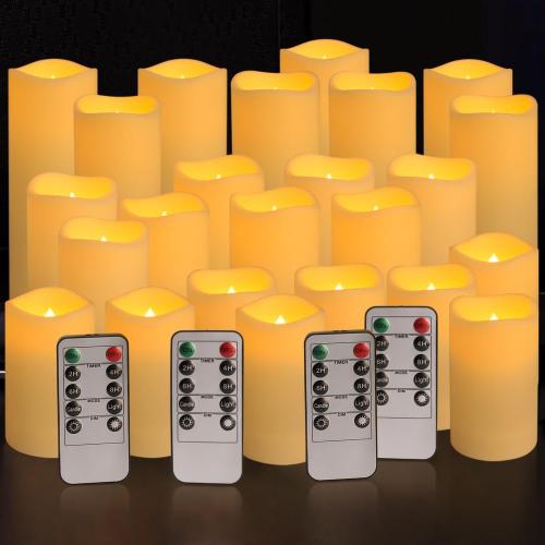 Set of 24 Waterproof Outdoor Flameless Candles, LED Candles with 4 Remote and Timer,(H 4 5 6 x D 2.2),for Christmas,Halloween,Wedding,Festival