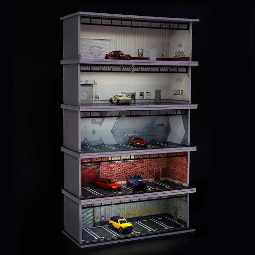 1/64 Diorama Display Case with LED Lights, Model Car Display and Storage, Compatible with Hot-Wheels Match-Box Mini GT Diecast Cars, Stackable Design