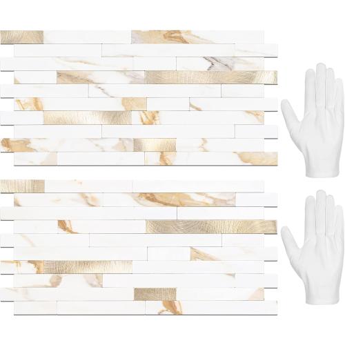 STICKGOO 20 Sheets Peel and Stick Backsplash Tile, Stick on Backsplash for Kitchen and Bathroom, Calacatta Gold Marble Look PVC Mixed Gold Self Adhesive Wall Tiles