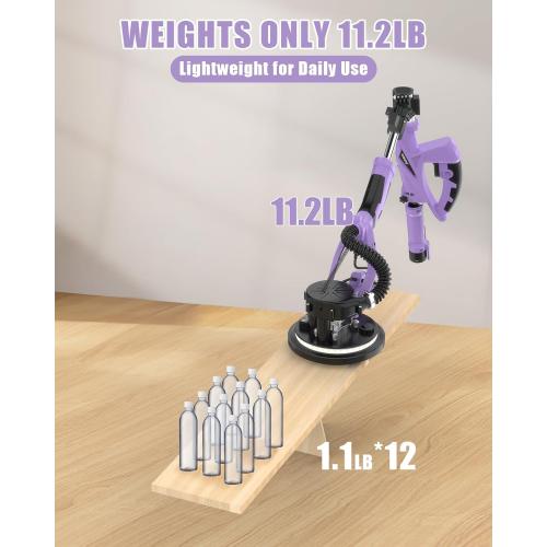 Drywall Sander with Vacuum Dust Collector, AZZUNO 12A Popcorn Ceiling Removal Tool, Electric Drywall Tools with 5 Variable Speeds (800-1900RPM), 12pcs Sanding Discs (Purple)