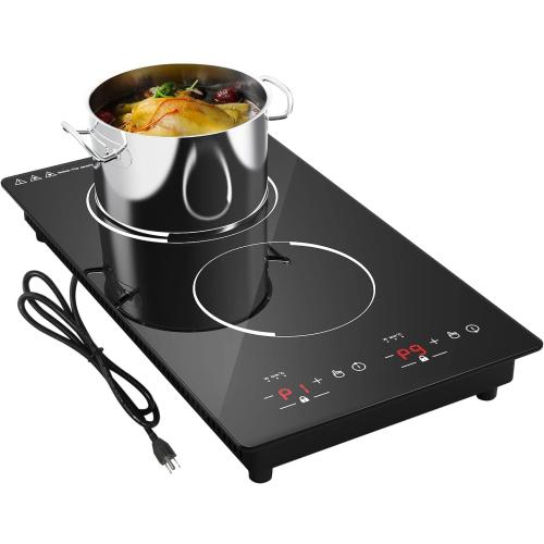 12“ Induction Cooktop, Double Induction Cooktop 2 Burner 110v-120v Electric Stove Top, Countertop and Built-in, 9 Power Levels, Child Lock, 120 Mins Timer