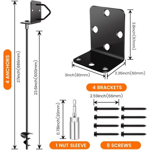 Ground Anchors Shed Anchors 27 Set of 4 Trampoline Stakes Screw in Heavy Duty Mobile Home - Storage Shed Anchor Kit - Playset Swing Anchors - Stakes for Fence,Carport,Garden (Black, 4 x 27in)