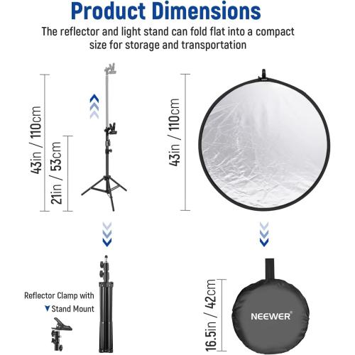 NEEWER 43/110cm Light Reflector Kit, 5 in 1 Collapsible Round Reflector (Translucent/Silver/Gold/White/Black), Metal Clamp and 21-43”/53-110cm Short Stand for Low Angle Studio Photography