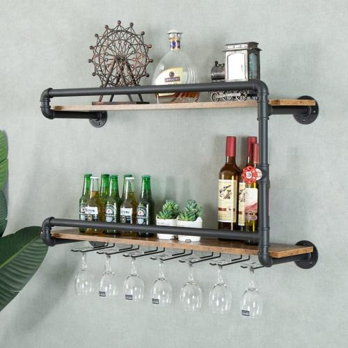 Wine Rack Wall Mounted 2 Tier, Hanging Floating Bar Liquor Shelves with Glass Holder Storage Under, Industrial Rustic Pipe Farmhouse Kitchen Decor Black(35.4x10.6x19.7)