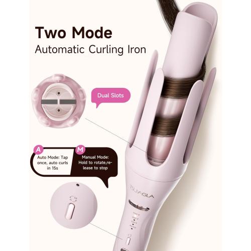 5 in 1 Auto Curling Iron Set with Interchangeable Barrels - 1, 1.25, 1.5 Curling Wand, Hair Crimper & Straightening Brush, Rotating Ceramic Curler, 3 Temp, Dual Voltage, Anti-Scald, Pink