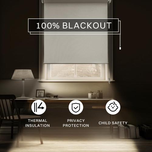 No Drill No Tools 100% Blackout Roller Shade | UV Protection | Easy-Care Fabric | Roller Blind for Windows & Doors | Pull Down Window Shade - Grey (44.5 W x 75 H)