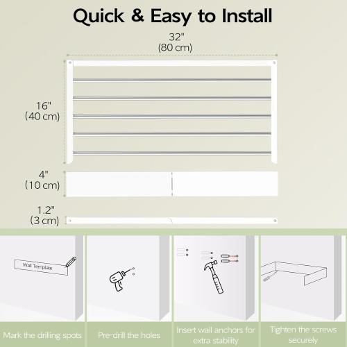 Wall Mounted Clothes Drying Rack 32, Foldable Wall Mount Laundry Rack Folding Indoor, Drying Rack Clothing Collapsible, Hidden Space Saver with Wall Template, 5 Rods, White