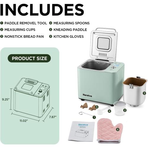 Neretva Bread Maker, 20-in-1 2LB Bread Machine Dual Heater & Nonstick Ceramic Pan Bread Makers Machine All Metal Compact for Gluten Free/Dough Maker/Meat Floss/Jam/Yogurt/Breadmaker Recipe-Light Green
