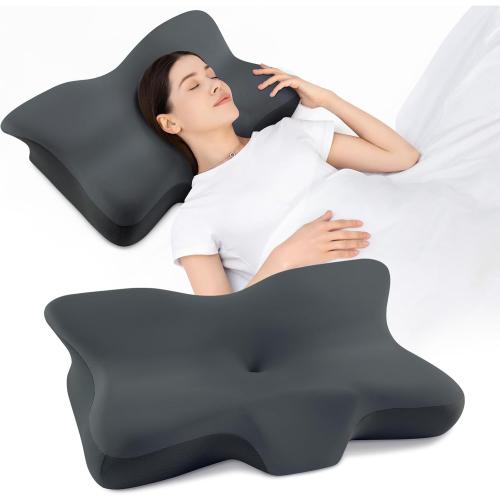 Cervical Neck Pillow, Ergonomic Memory Foam Cervical Pillows, Contour Side Sleeper Pillows for Adults, Orthopedic Neck Support Pillow for Back Stomach Sleeper with Removable Pillowcase (Dark Grey)