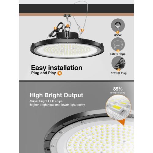 10-Pack UFO LED High Bay Light 250W 37500LM, High Bay Led Shop Lights with 5ft US Plug, IP65 Waterproof, 5000K Daylight, 150LM/W Efficiency, Non-Dimmable for Warehouse/Gym/Workshop