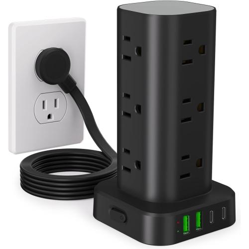 Power Strip Tower with Multiple Outlets, Flat Plug Surge Protector Tower Extension Cord with 12 AC Outlets 4 USB Ports (2 USB C), 6FT Cord Power Tower Surge Protector for Home Office Dorm Room, Black