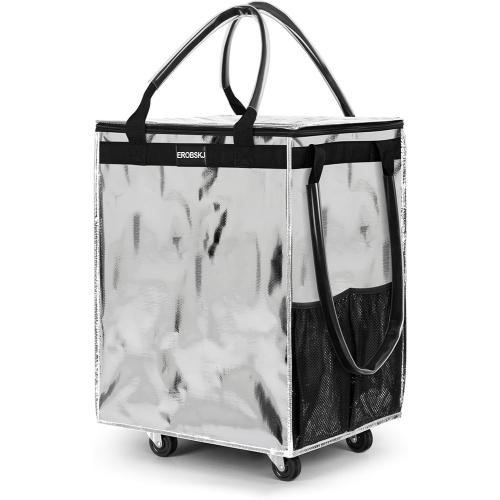 (Large,Silver) Reusable Grocery Bag on Wheels, Foldable Rolling Tote, Shopping Trolley, Zipper Clouser Shopping Carts for Trips, Laundry, 5 Heavy Duty Wheels