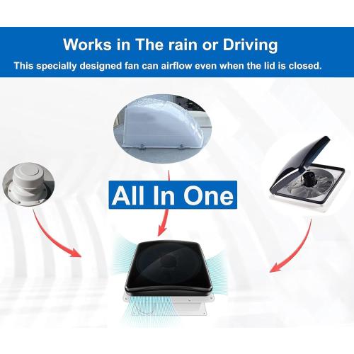 Build-in Rain Shield RV Roof Fan Vent Trailer Camper 10 Speed 12V 14'' Reversible