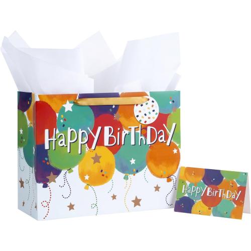 Loveinside Colorful Birthday Gift Bag, Balloons Pattern with HAPPY BIRTHDAY Text, Matching Tissue Paper, Greeting Card and Tag, Ideal for Kids' Birthday Gifts, 13 x 5 x 10, 1 Pcs