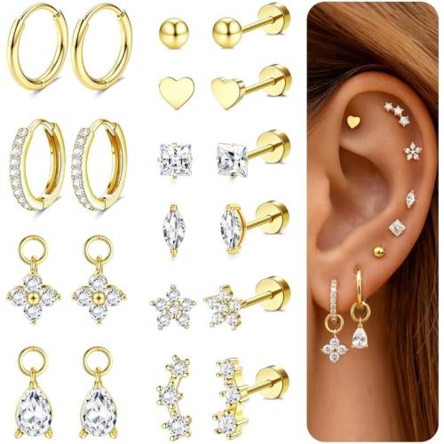 THUNARAZ 10Pairs Hypoallergenic Flat Back Earrings for Women, 14K Gold Plated Hoop Stud Earrings Set for Sensitive Ears Helix Tragus Cartilage Conch Earring for Multiple Piercings with Pendant